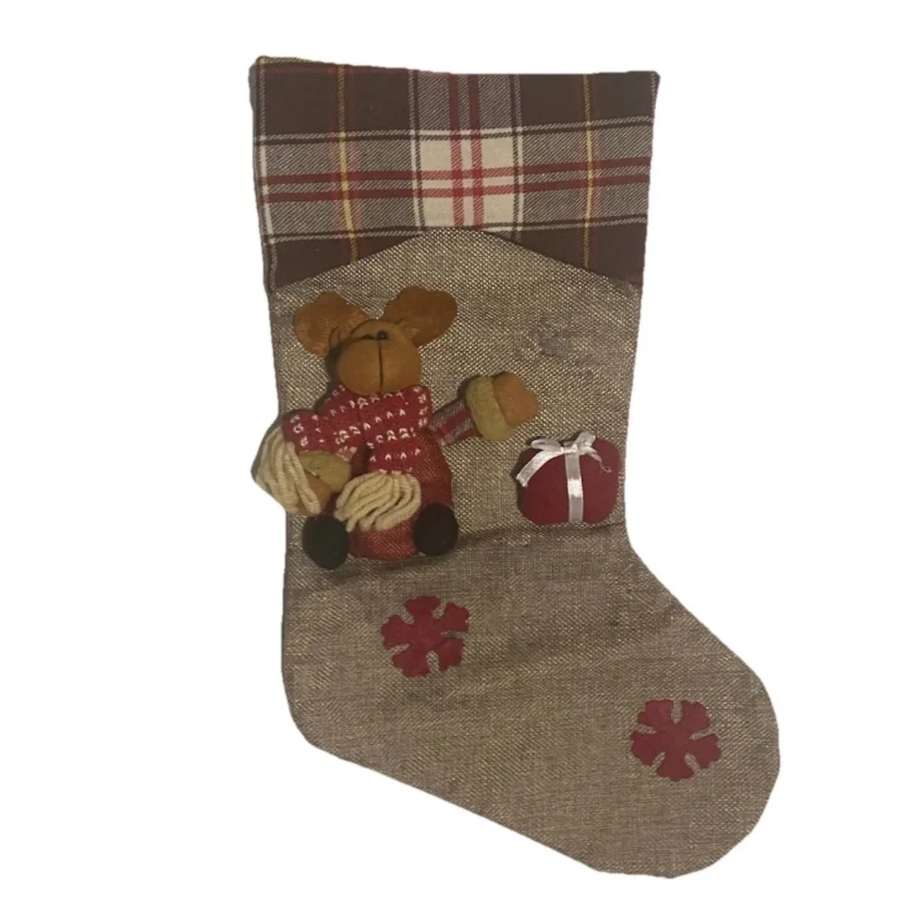 Christmas Snowman, Reindeer, & Santa Tan/Red/Black/Green Plaid Stocking Bundle